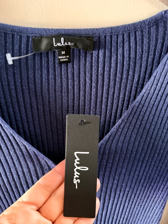 Lulu's Slate Blue Ribbed V-Neck Drawstring Midi Dress - Picture 10 of 12